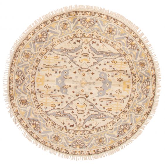 Bordered  Traditional Ivory Area rug Round Indian Hand-knotted 356463