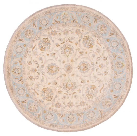 Bordered  Traditional Ivory Area rug Round Pakistani Hand-knotted 374784