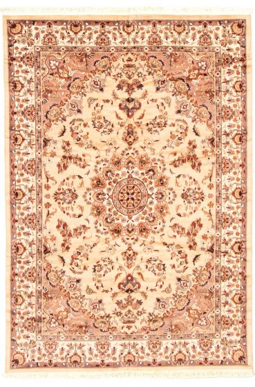 Bordered  Traditional Ivory Area rug 5x8 Indian Hand-knotted 335365
