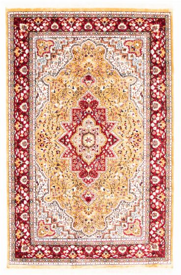 Bordered  Traditional Yellow Area rug 5x8 Indian Hand-knotted 348424