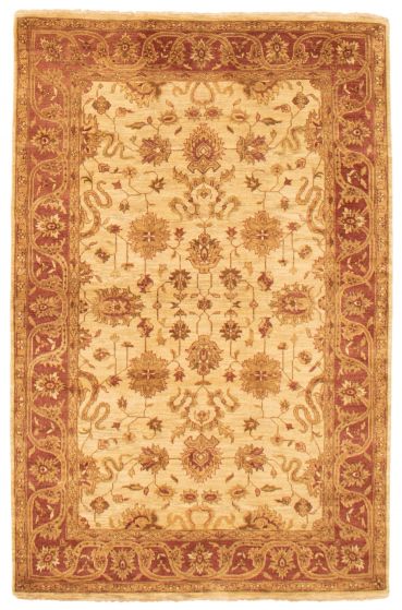 Bordered  Traditional Ivory Area rug Unique Indian Hand-knotted 369503