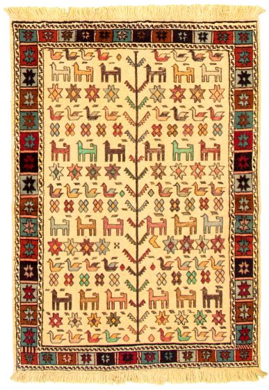 Bordered  Tribal Ivory Area rug 3x5 Turkish Hand-knotted 332759