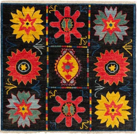 Bordered  Floral Black Area rug Square Indian Hand-knotted 280274