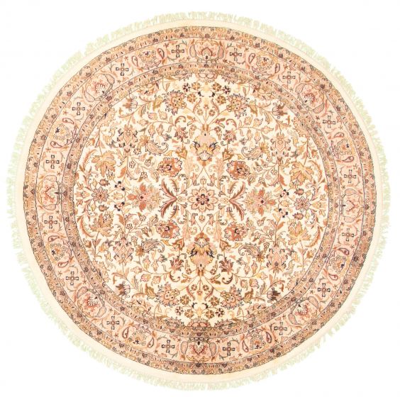 Bordered  Traditional Ivory Area rug Round Indian Hand-knotted 343113