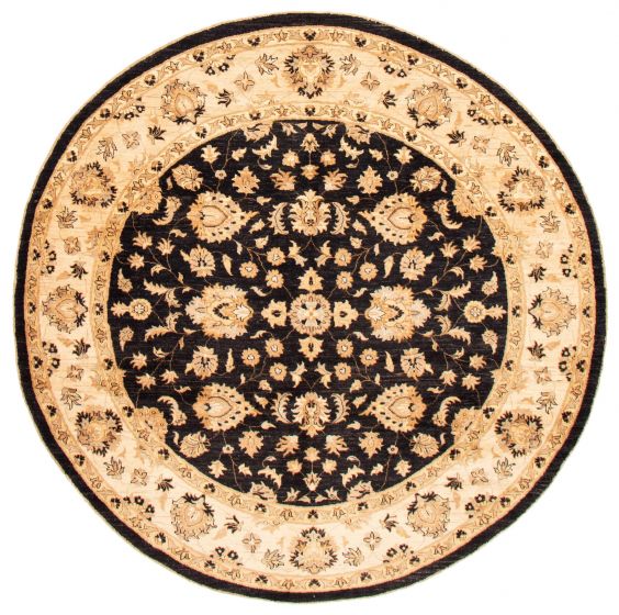 Bordered  Traditional Black Area rug Round Indian Hand-knotted 362648