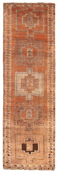 Geometric  Vintage/Distressed Brown Runner rug 12-ft-runner Turkish Hand-knotted 393111