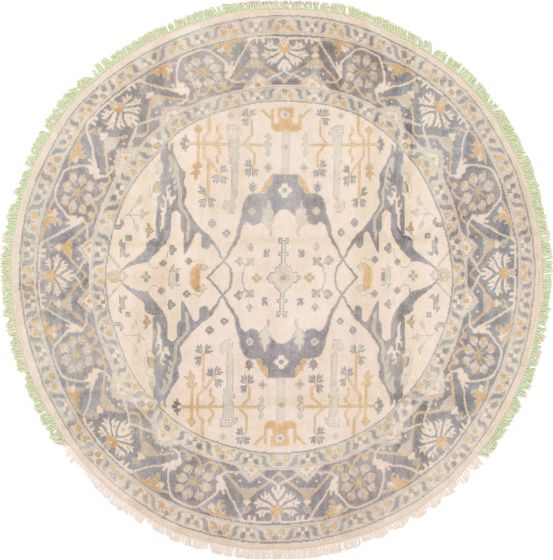 Bordered  Traditional Ivory Area rug Round Indian Hand-knotted 332050