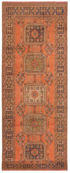 Bordered  Vintage Brown Runner rug 11-ft-runner Turkish Hand-knotted 358776