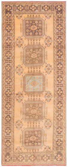 Bordered  Vintage Brown Runner rug 12-ft-runner Turkish Hand-knotted 358961
