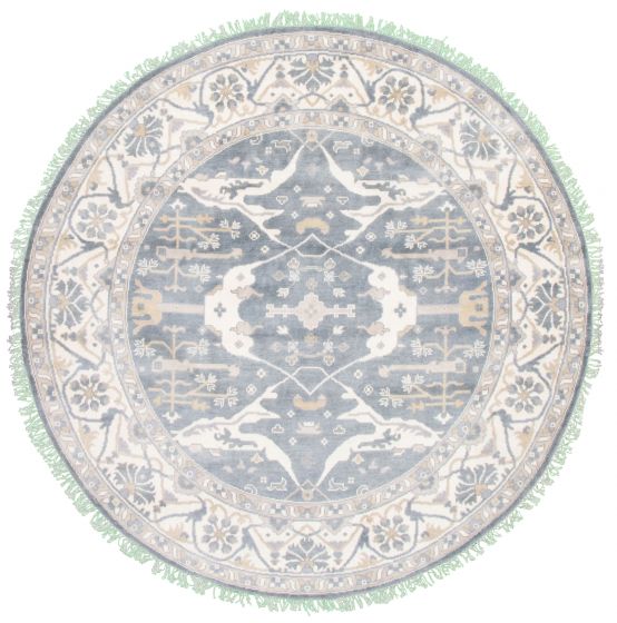 Bordered  Traditional Blue Area rug Round Indian Hand-knotted 340711