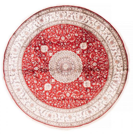 Bordered  Traditional Red Area rug Round Chinese Hand-knotted 388097