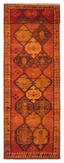 Geometric  Vintage/Distressed Brown Runner rug 14-ft-runner Turkish Hand-knotted 389827