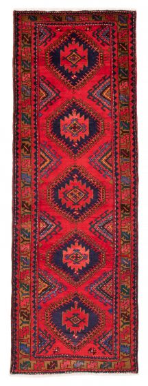 Bordered  Geometric Red Runner rug 10-ft-runner Turkish Hand-knotted 380313
