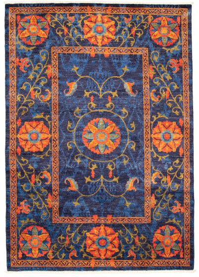 Bordered  Transitional Blue Area rug 5x8 Pakistani Hand-knotted 310716