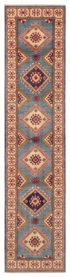 Bordered  Geometric Blue Runner rug 12-ft-runner Afghan Hand-knotted 389875