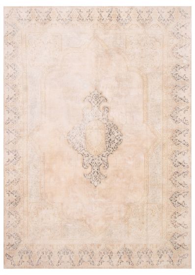 Bordered  Vintage/Distressed Ivory Area rug 9x12 Turkish Hand-knotted 374546