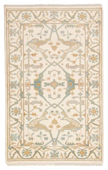 Bordered  Traditional Ivory Area rug 3x5 Indian Hand-knotted 376036