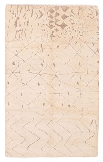 Carved  Transitional Ivory Area rug 5x8 Indian Hand-knotted 387382