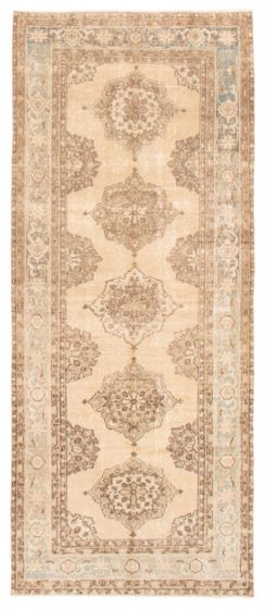 Bordered  Vintage Yellow Runner rug 11-ft-runner Turkish Hand-knotted 358886