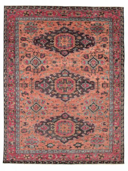 Bordered  Traditional Brown Area rug 9x12 Indian Hand-knotted 377329