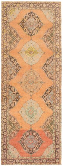 Bordered  Vintage Brown Runner rug 13-ft-runner Turkish Hand-knotted 359037