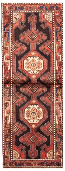 Bordered  Geometric Black Runner rug 10-ft-runner Persian Hand-knotted 366257