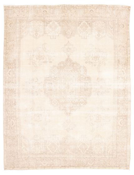 Bordered  Vintage Ivory Area rug 9x12 Turkish Hand-knotted 317897