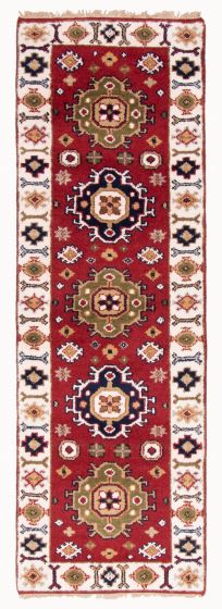 Bordered  Traditional Red Runner rug 8-ft-runner Indian Hand-knotted 363134