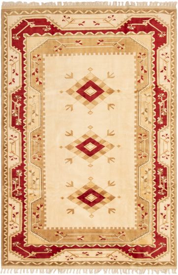 Bordered  Traditional Ivory Area rug 6x9 Turkish Hand-knotted 294010