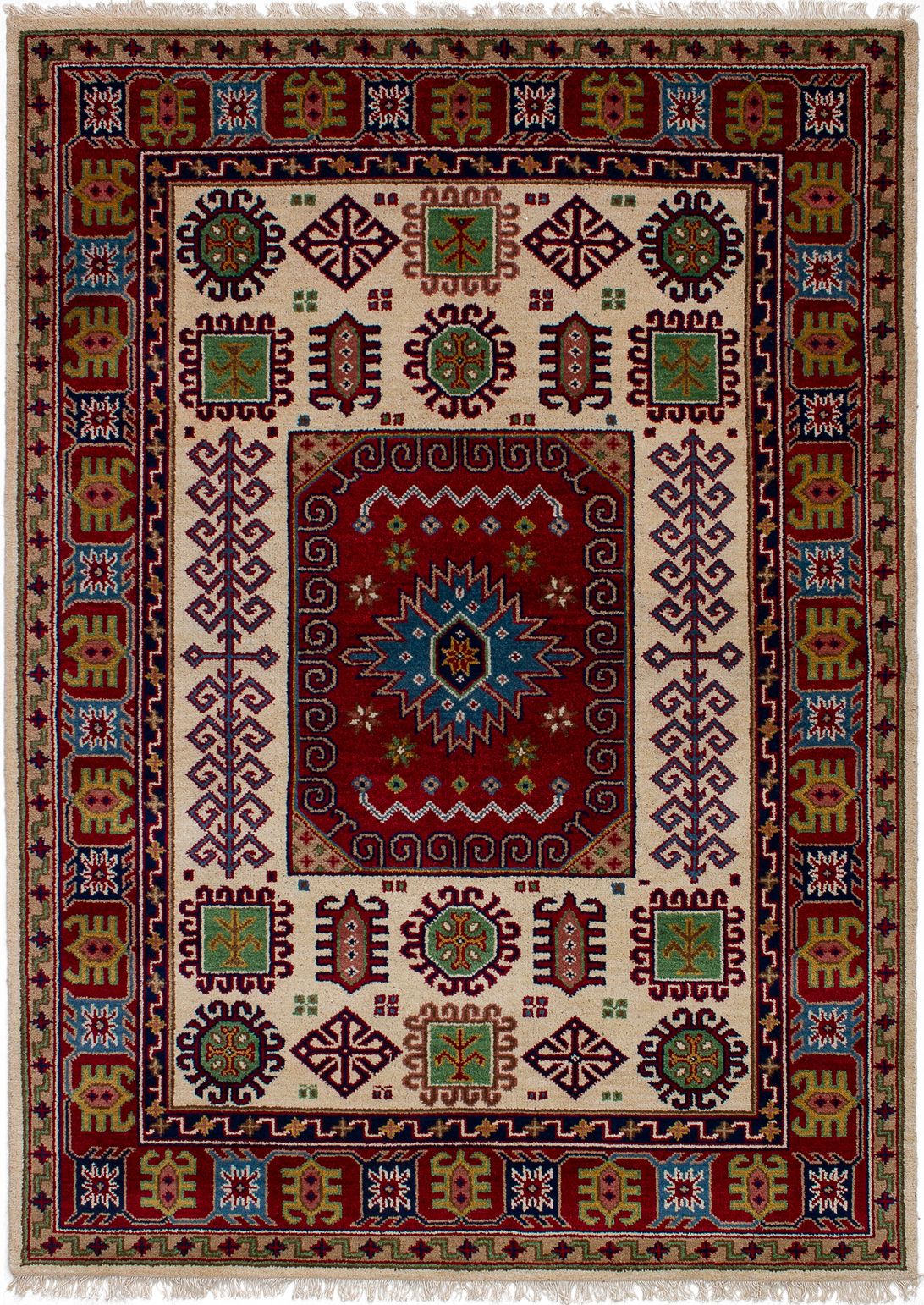 Bedroom Royal Kazak Bordered Ivory Rug 5'7 x 7'10 Hand-Knotted Wool Rug eCarpet Gallery Area Rug for Living Room 346248 
