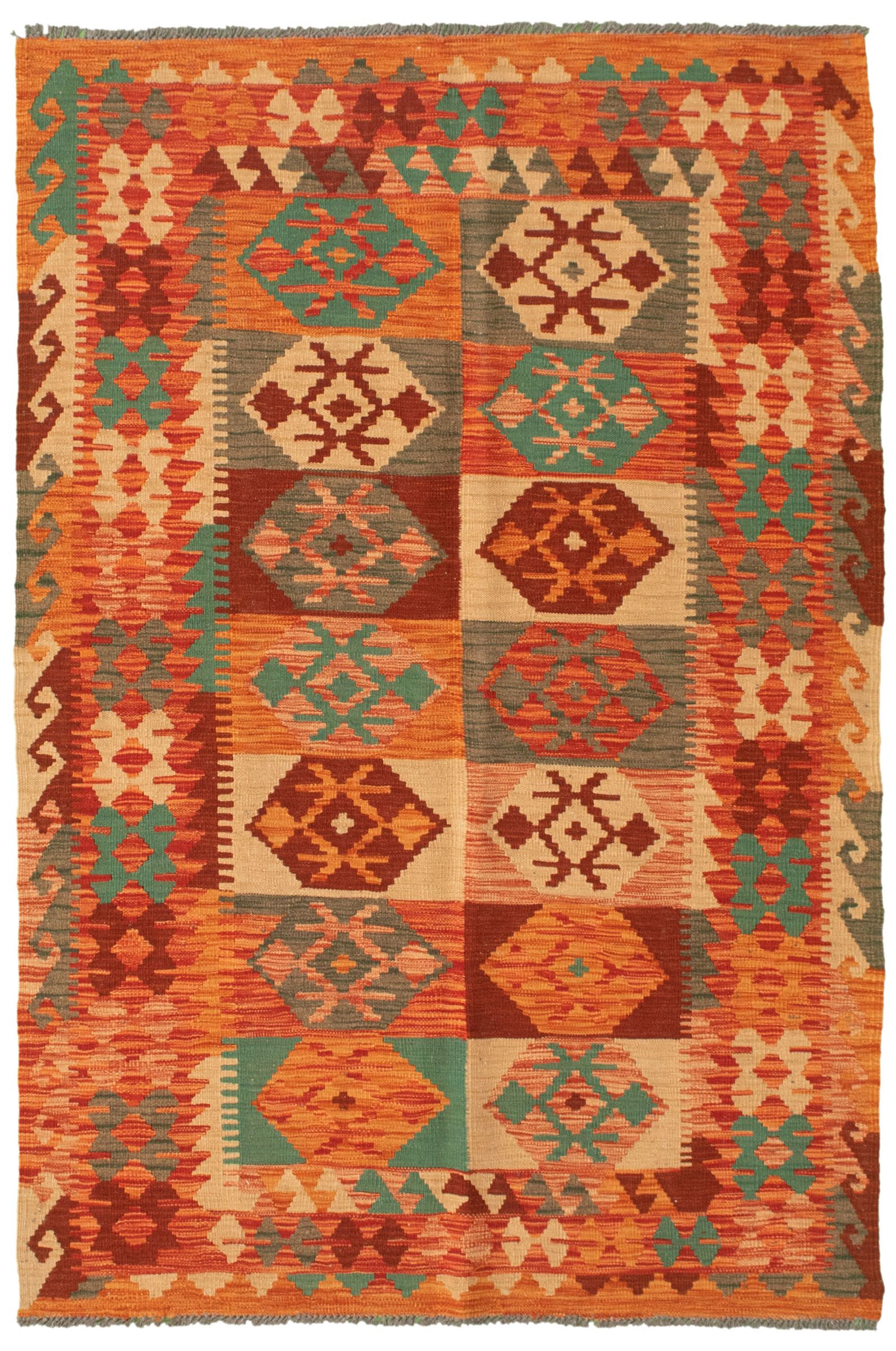 eCarpet Gallery Area Rug for Living Room Hand-Knotted Wool Rug 330692 Bold and Colorful Bordered Red Kilim 4'2 x 6'3 Bedroom 