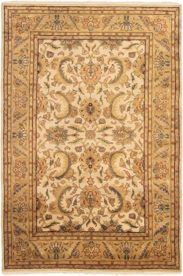 Bordered  Traditional Ivory Area rug 5x8 Indian Hand-knotted 289683