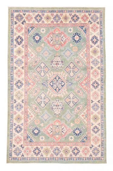 Bordered  Geometric Green Area rug 6x9 Afghan Hand-knotted 382003