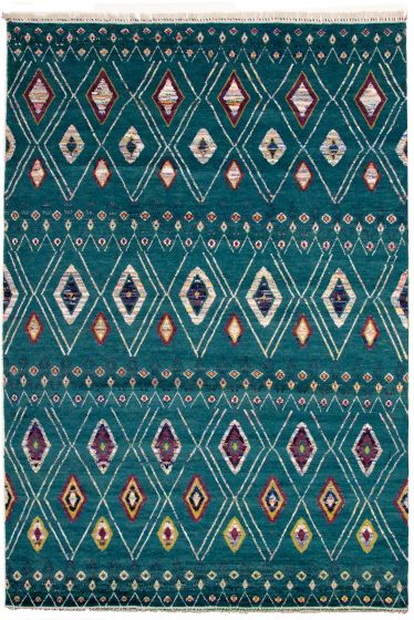 Moroccan  Tribal Green Area rug 10x14 Pakistani Hand-knotted 339516
