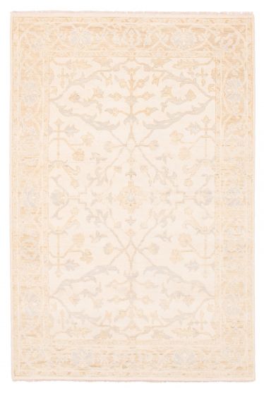 Bordered  Transitional Ivory Area rug 5x8 Indian Hand-knotted 378016