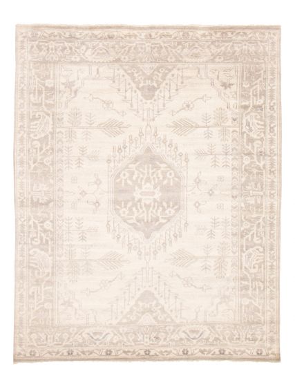 Bordered  Traditional Ivory Area rug 6x9 Indian Hand-knotted 370173