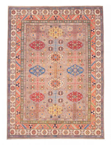 Bordered  Geometric Ivory Area rug 9x12 Afghan Hand-knotted 381899