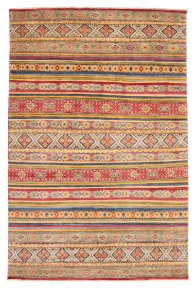 Geometric  Stripes Red Area rug 10x14 Afghan Hand-knotted 377213