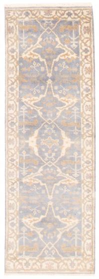 Bordered  Traditional Blue Runner rug 8-ft-runner Indian Hand-knotted 369829