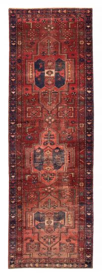 Bordered  Vintage/Distressed Red Runner rug 10-ft-runner Turkish Hand-knotted 384149