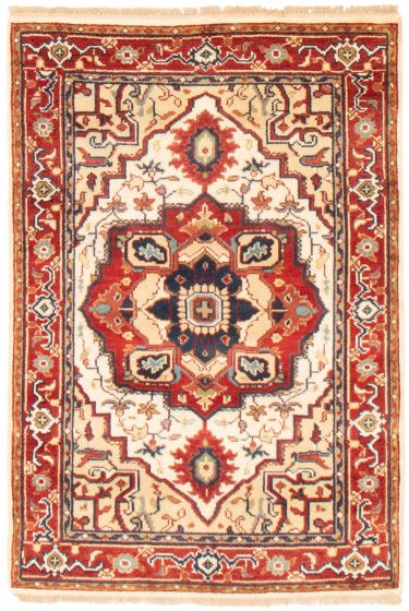 Bordered  Traditional Ivory Area rug 3x5 Indian Hand-knotted 369661