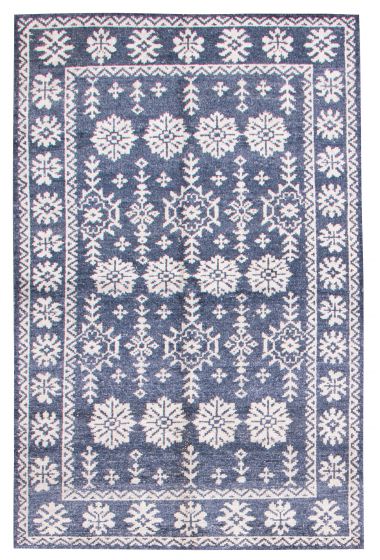 Bordered  Transitional Blue Area rug 5x8 Indian Hand-knotted 375356