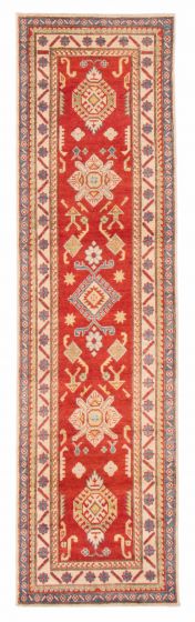 Bordered  Geometric Red Runner rug 11-ft-runner Afghan Hand-knotted 379918