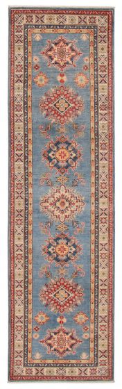 Bordered  Transitional Blue Runner rug 10-ft-runner Afghan Hand-knotted 392746