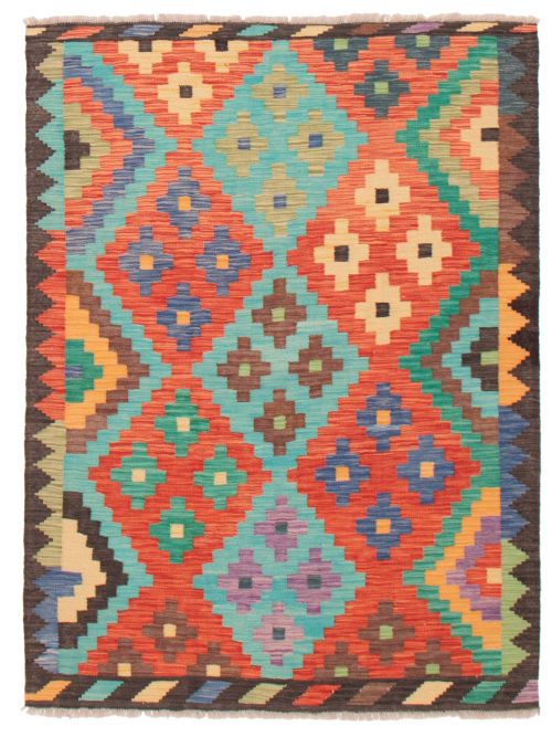 Turkish Bold and Colorful 4'9" x 6'5" Flat-Weave Wool Kilim 