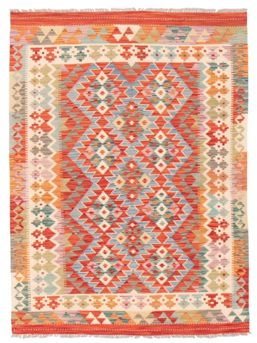 Turkish Bold and Colorful 4'2" x 5'8" Flat-Weave Wool Kilim 