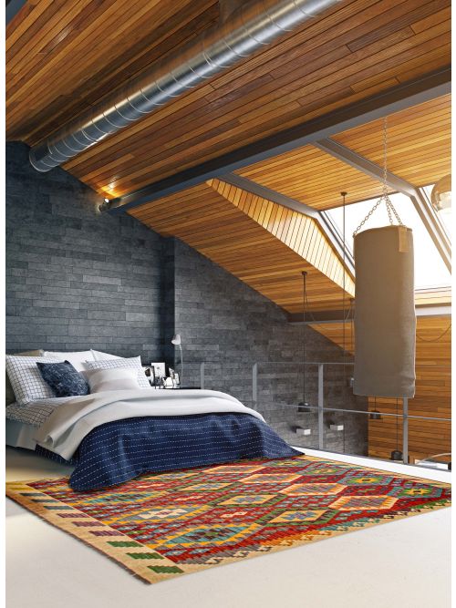 Turkish Bold and Colorful Flat-Weave Wool Kilim, 152 x 198 cm