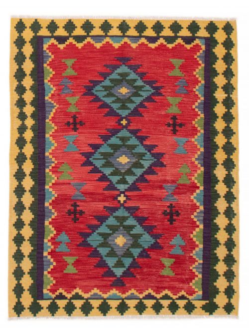 Turkish Bold and Colorful 4'10" x 6'4" Flat-Weave Wool Kilim 
