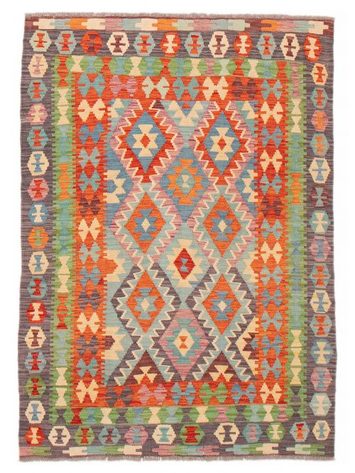 Turkish Bold and Colorful 4'9" x 6'4" Flat-Weave Wool Kilim 