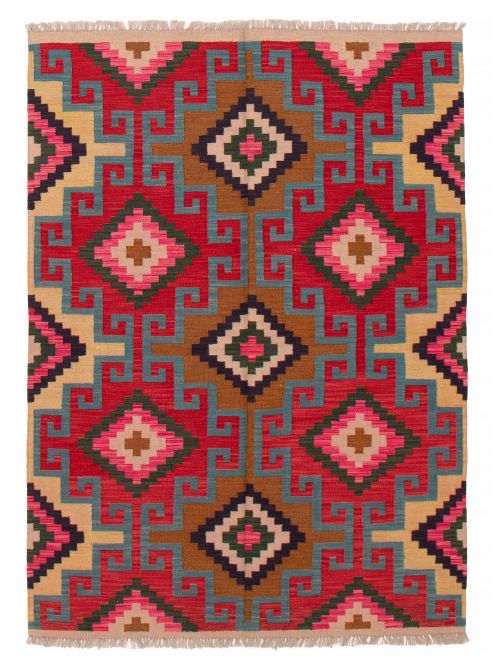 Turkish Bold and Colorful 4'10" x 6'6" Flat-Weave Wool Kilim 